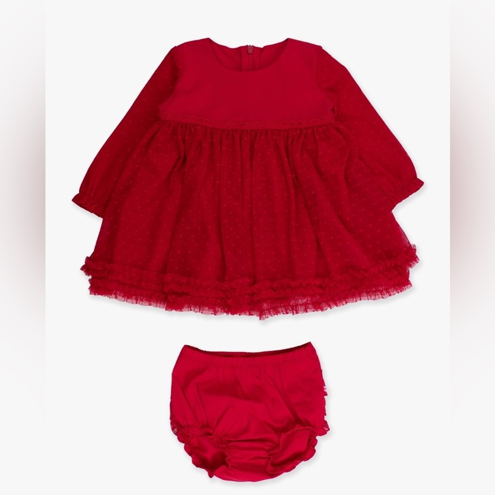 Long Sleeve Dotted Tulle Dress & RuffleButt Set
